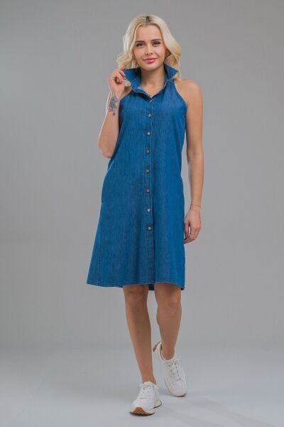 Kadın Indigo  Kolsuz  Cepli Ince Kot Gömlek Elbise indigo koyu mavi - M