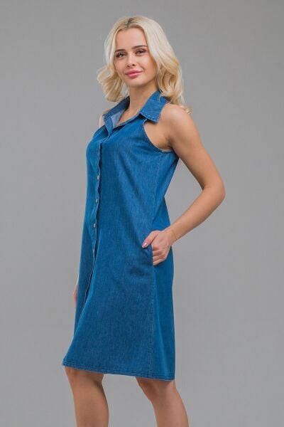 Kadın Indigo  Kolsuz  Cepli Ince Kot Gömlek Elbise indigo koyu mavi - M