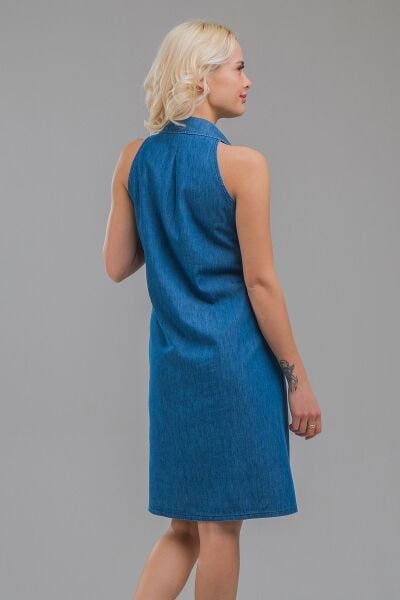 Kadın Indigo  Kolsuz  Cepli Ince Kot Gömlek Elbise indigo koyu mavi - M