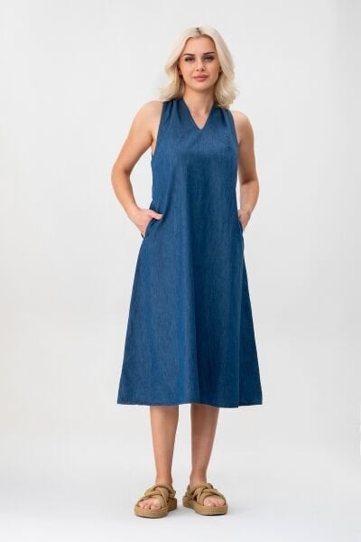 Bold & Young Kadın V Yakalı Cepli Pamuklu  Kumaş Elbise indigo - XXL
