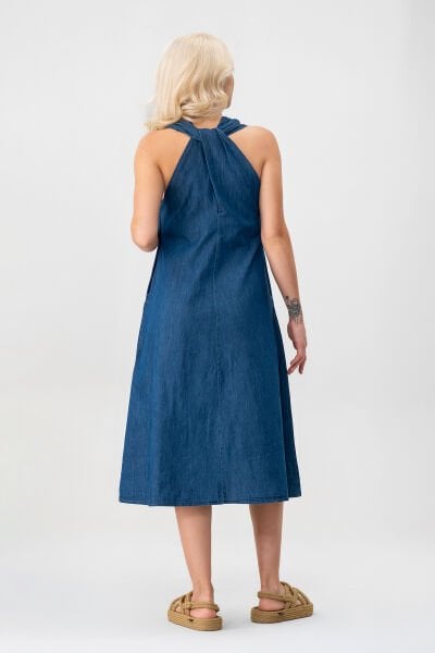 Bold & Young Kadın V Yakalı Cepli Pamuklu  Kumaş Elbise indigo - XXL