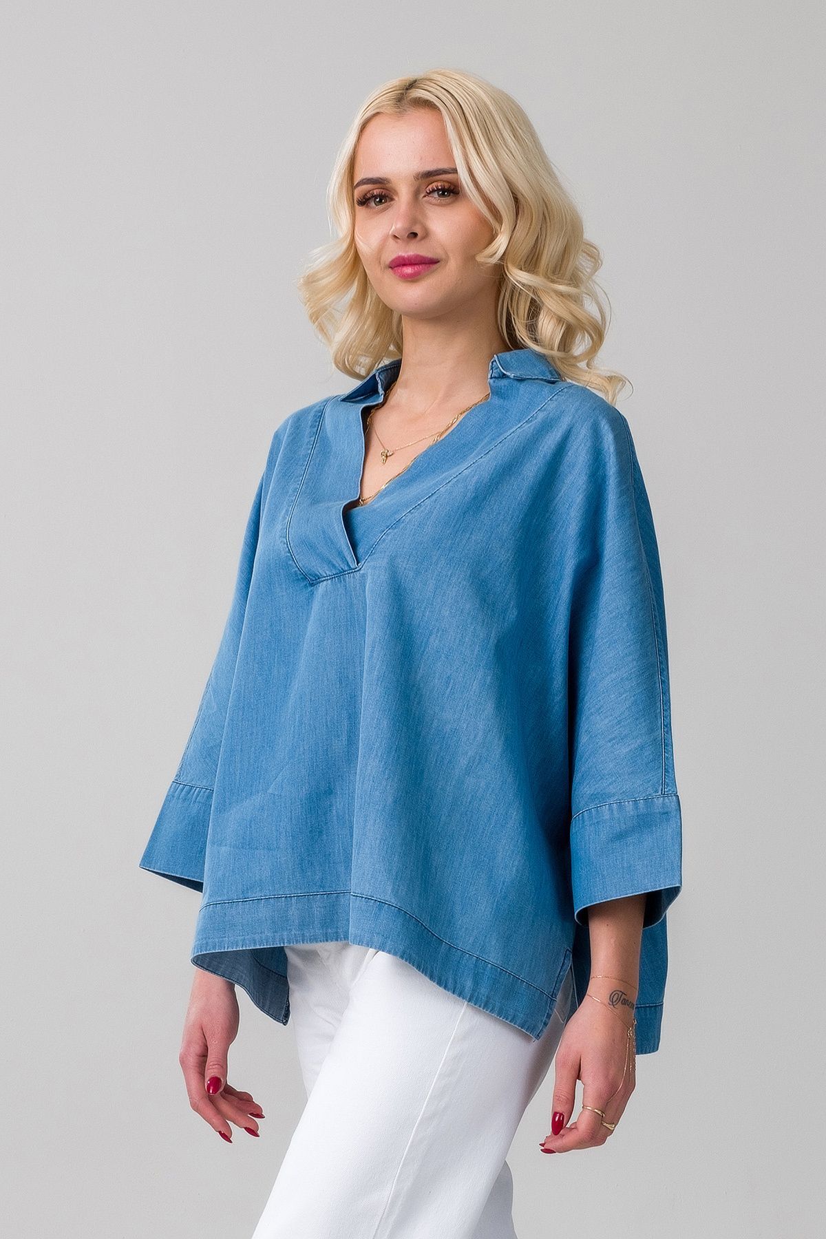 Kadın Gömlek Yakalı Yaka Beyaz Siyah ,Kombinli Kol Ucu Manşetli Bol Kesim Aerobin  Kumaş Bluz indigo açık mavi - 2