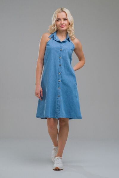 Kadın Indigo  Kolsuz  Cepli Ince Kot Gömlek Elbise indigo açık mavi - S