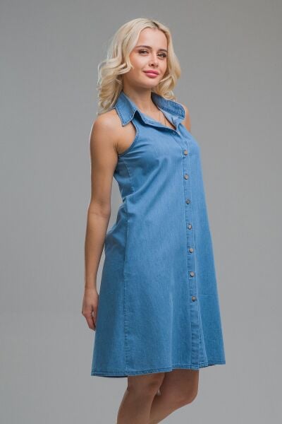 Kadın Indigo  Kolsuz  Cepli Ince Kot Gömlek Elbise indigo açık mavi - S