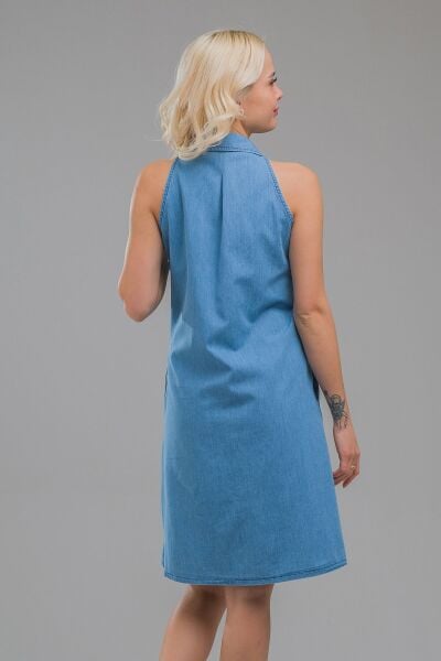 Kadın Indigo  Kolsuz  Cepli Ince Kot Gömlek Elbise indigo açık mavi - S