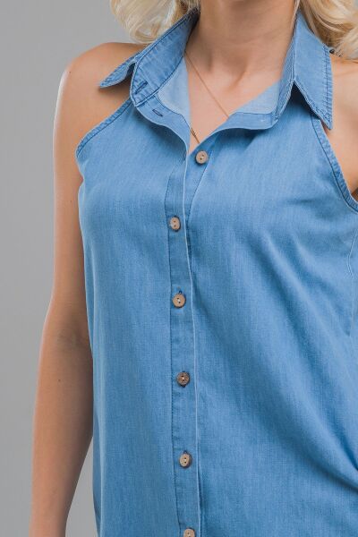 Kadın Indigo  Kolsuz  Cepli Ince Kot Gömlek Elbise indigo açık mavi - S