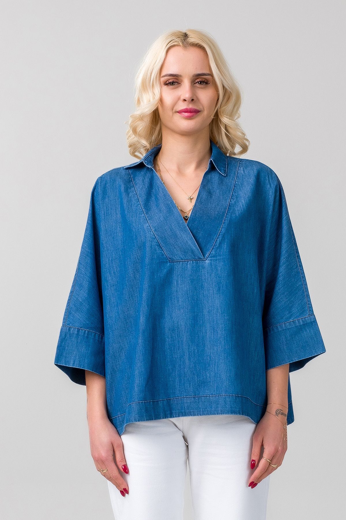 Kadın Gömlek Yakalı Yaka Beyaz Siyah ,Kombinli Kol Ucu Manşetli Bol Kesim Aerobin  Kumaş Bluz indigo koyu mavi - 1