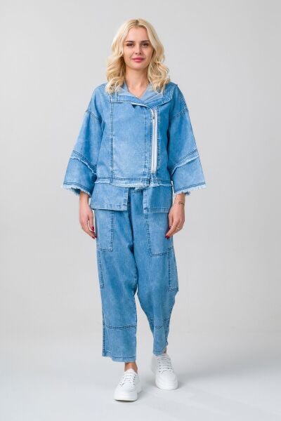 Kadın indigo Renk Bleach Yıkama Cepli Kapişonlu Fermuarlı İnce Lyocell Kumaş Kot Ceket indigo açık mavi - M