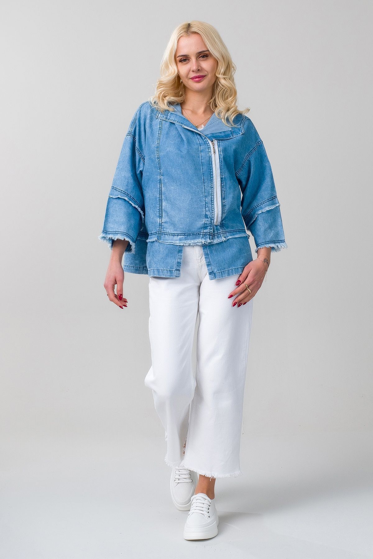 Kadın indigo Renk Bleach Yıkama Cepli Kapişonlu Fermuarlı İnce Lyocell Kumaş Kot Ceket indigo açık mavi - M