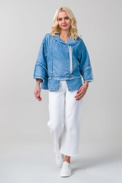 Kadın indigo Renk Bleach Yıkama Cepli Kapişonlu Fermuarlı İnce Lyocell Kumaş Kot Ceket indigo açık mavi - M