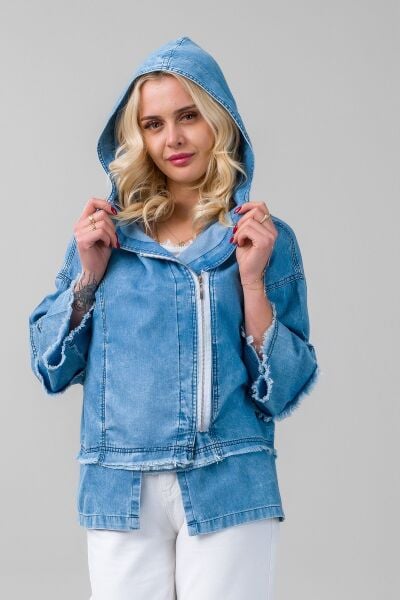 Kadın indigo Renk Bleach Yıkama Cepli Kapişonlu Fermuarlı İnce Lyocell Kumaş Kot Ceket indigo açık mavi - M