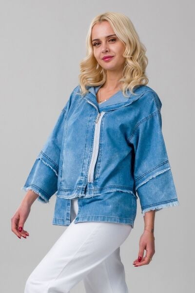 Kadın indigo Renk Bleach Yıkama Cepli Kapişonlu Fermuarlı İnce Lyocell Kumaş Kot Ceket indigo açık mavi - M