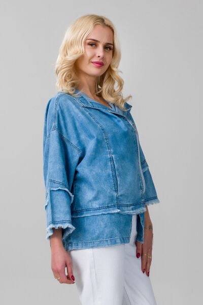 Kadın indigo Renk Bleach Yıkama Cepli Kapişonlu Fermuarlı İnce Lyocell Kumaş Kot Ceket indigo açık mavi - M