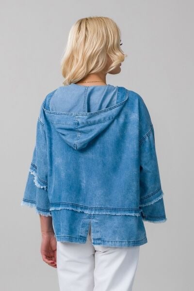 Kadın indigo Renk Bleach Yıkama Cepli Kapişonlu Fermuarlı İnce Lyocell Kumaş Kot Ceket indigo açık mavi - M