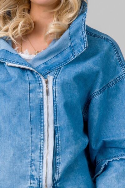 Kadın indigo Renk Bleach Yıkama Cepli Kapişonlu Fermuarlı İnce Lyocell Kumaş Kot Ceket indigo açık mavi - M