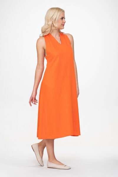 Bold & Young Kadın V Yakalı Cepli Pamuklu  Kumaş Elbise S - Turuncu