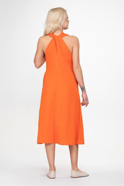 Bold & Young Kadın V Yakalı Cepli Pamuklu  Kumaş Elbise S - Turuncu