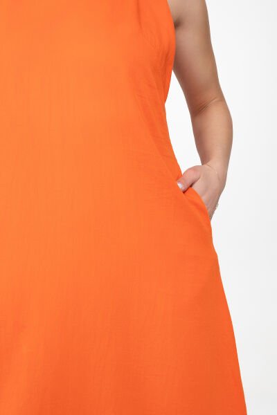 Bold & Young Kadın V Yakalı Cepli Pamuklu  Kumaş Elbise S - Turuncu