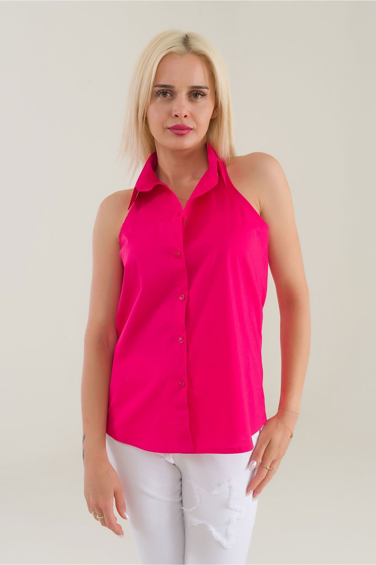 Kadın Kolsuz Omuz Açık Likralı Poplin Gömlek Fuşya - XL