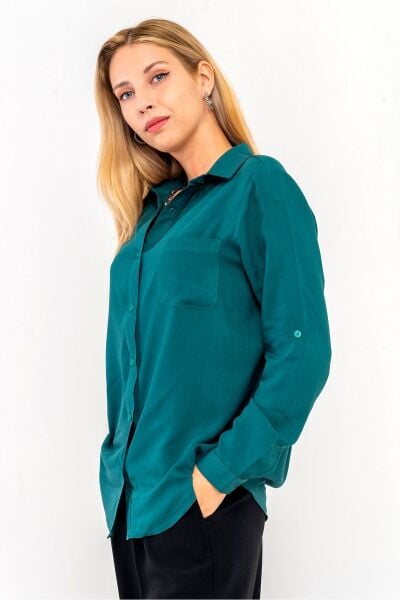 Kadın Ön Arka Oval Viskon Gömlek S - Yeşil