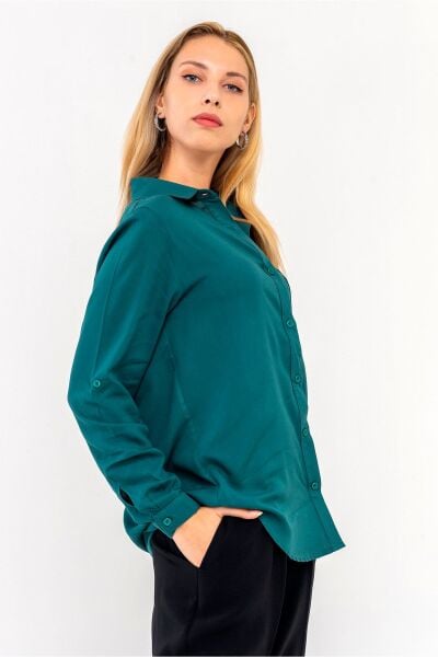 Kadın Ön Arka Oval Viskon Gömlek S - Yeşil