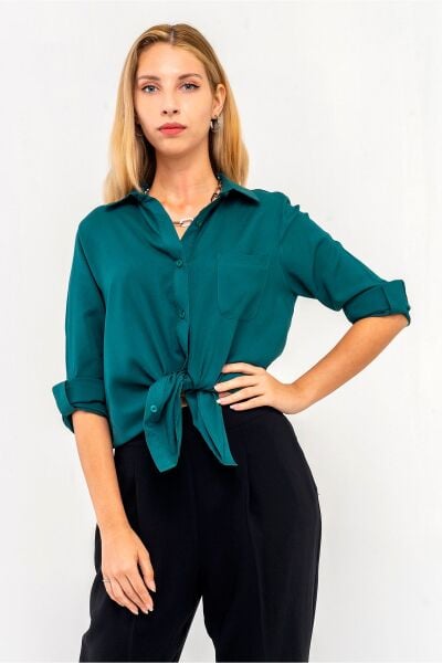 Kadın Ön Arka Oval Viskon Gömlek S - Yeşil