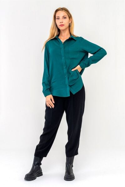 Kadın Ön Arka Oval Viskon Gömlek S - Yeşil