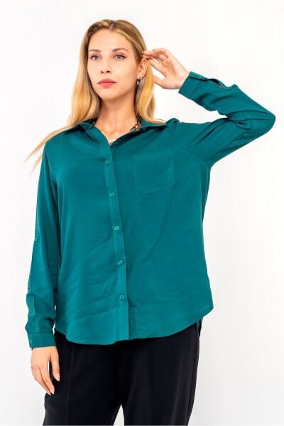 Kadın Ön Arka Oval Viskon Gömlek S - Yeşil