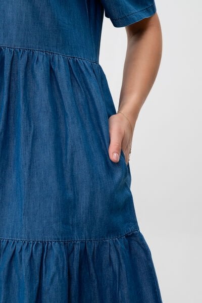Bold & Young Kadın Cepli Kısa Kollu Yarım Pat Düğmeli Büzgülü Pamuklu Elbise 3XL - İNDİGO LACİVERT