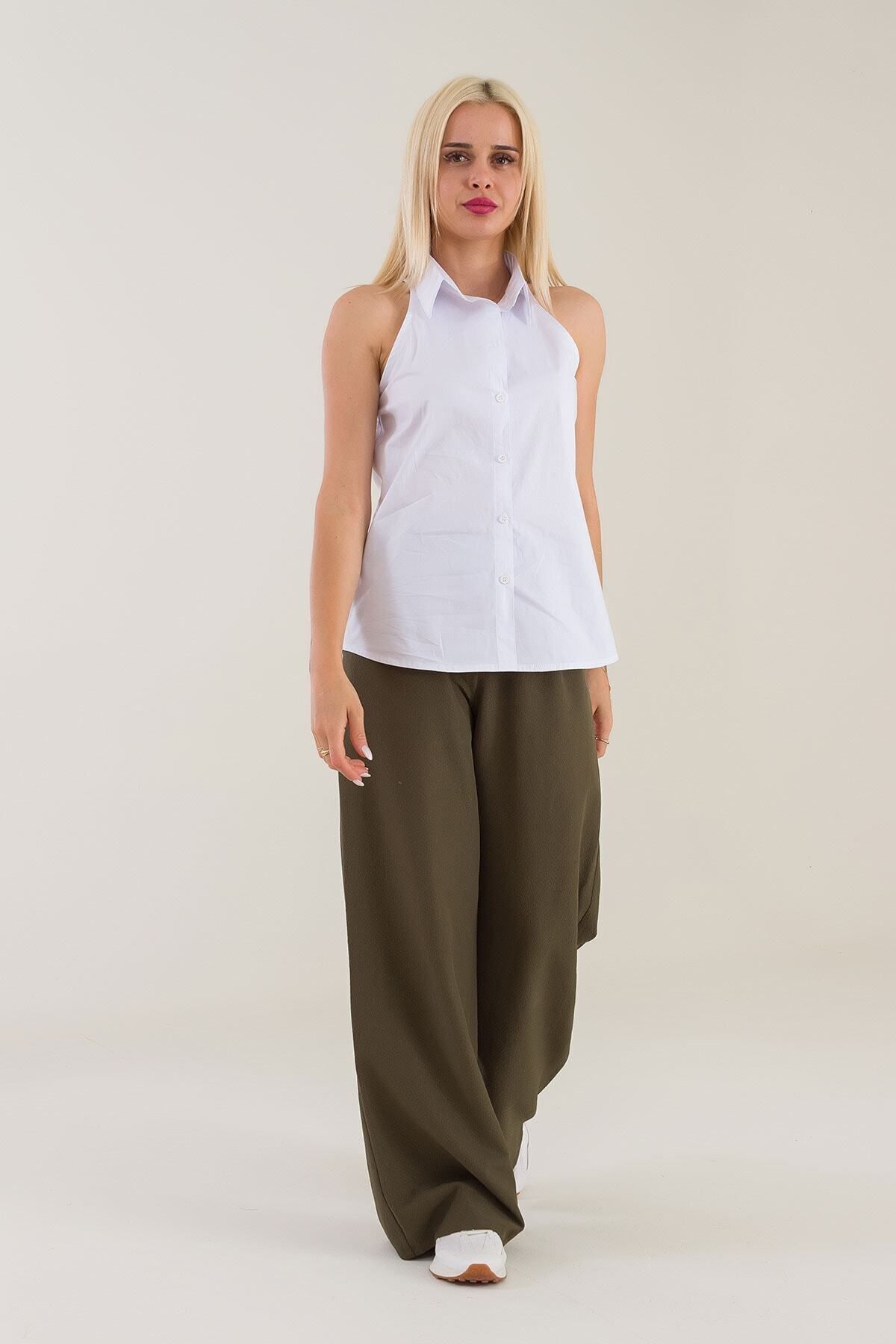 Kadın Kolsuz Omuz Açık Likralı Poplin Gömlek Beyaz - S