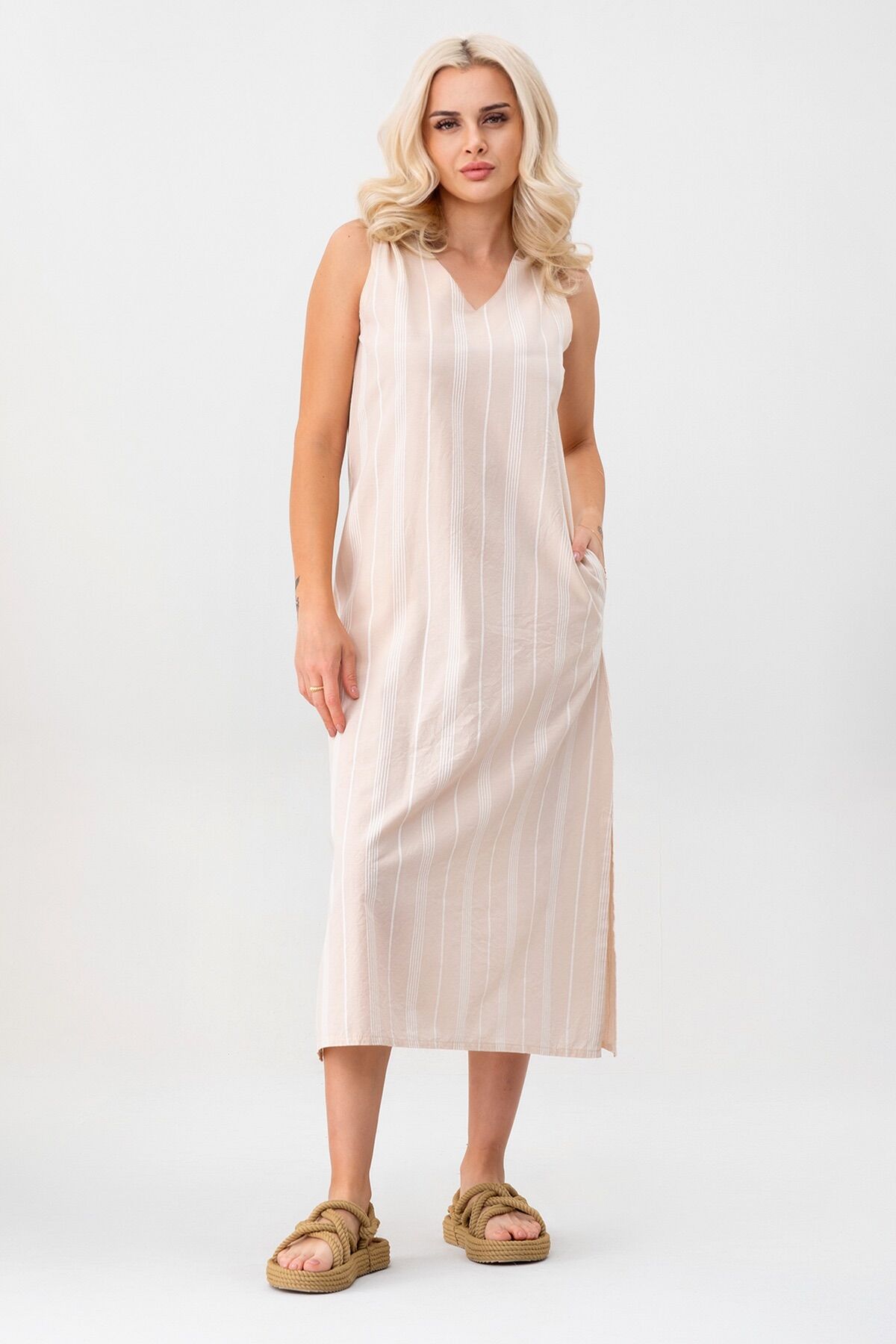 Bold & Young Çizgili Kolsuz Yazlık Cepli Elbise BEJ - XXXL