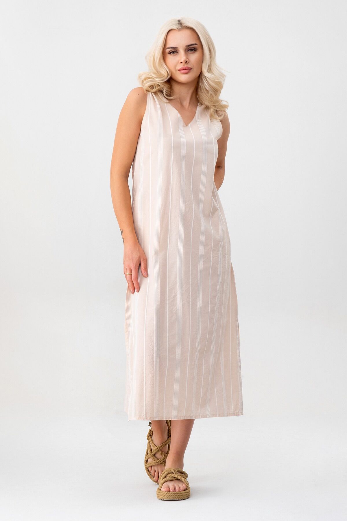 Bold & Young Çizgili Kolsuz Yazlık Cepli Elbise BEJ - XXXL