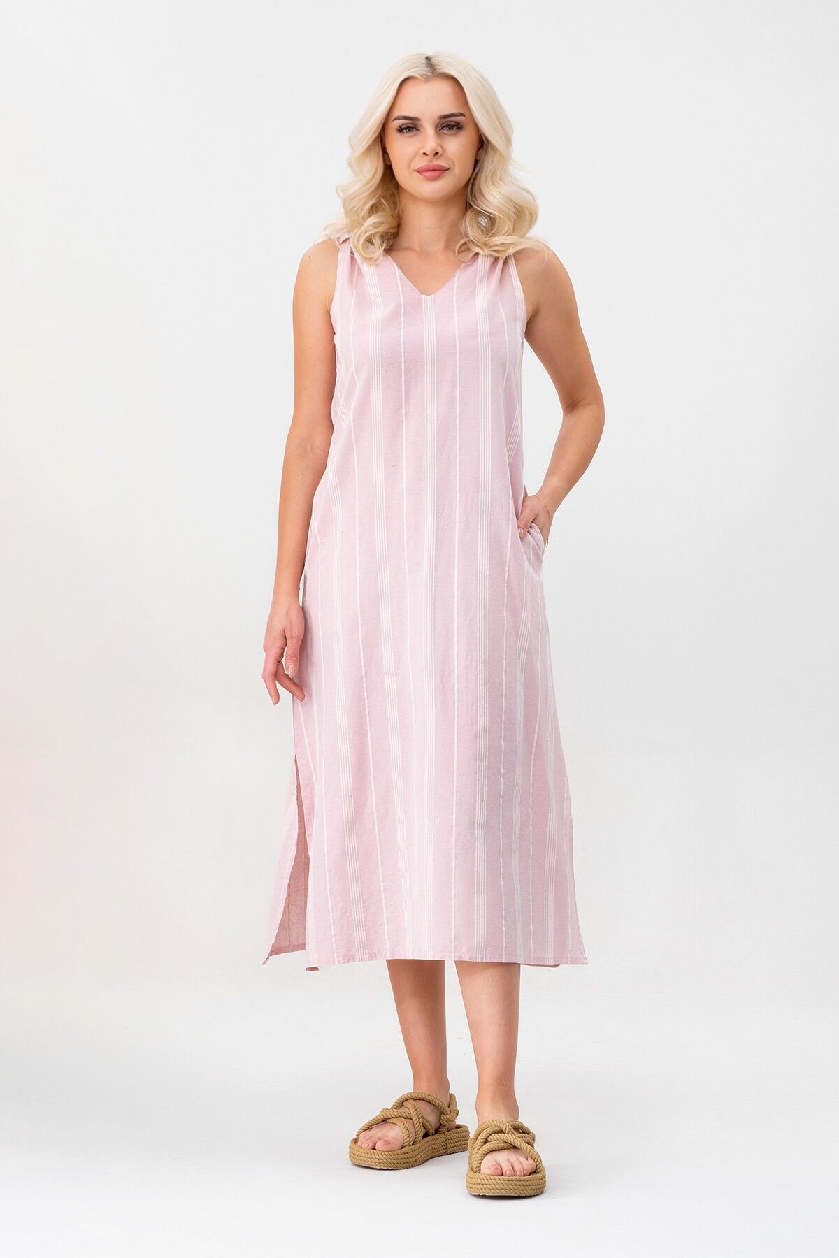 Bold & Young Çizgili Kolsuz Yazlık Cepli Elbise Pudra - XXXL