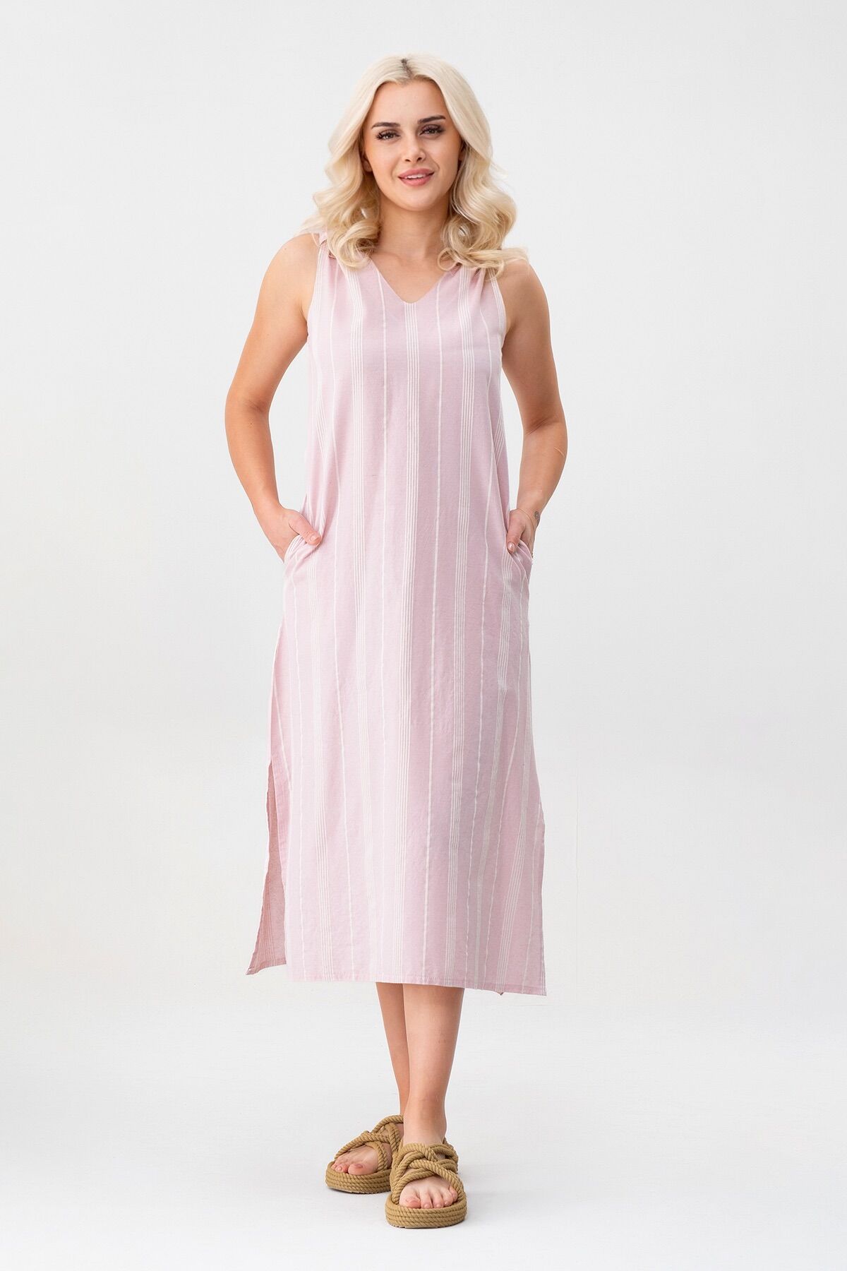 Bold & Young Çizgili Kolsuz Yazlık Cepli Elbise Pudra - XXXL