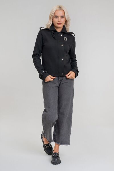 Kadın Viskon Polyester Likralı Kumaş Kol Ucu Toka Bantlı Kuş Gözü Aksesuarlı Çıt Çıtlı Cepli  Ceket Siyah - 2XL