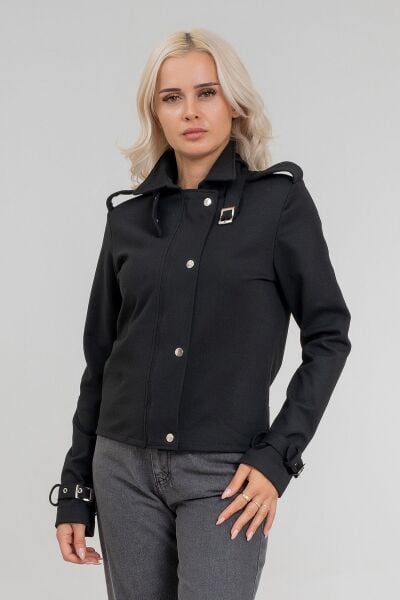 Kadın Viskon Polyester Likralı Kumaş Kol Ucu Toka Bantlı Kuş Gözü Aksesuarlı Çıt Çıtlı Cepli  Ceket Siyah - 2XL