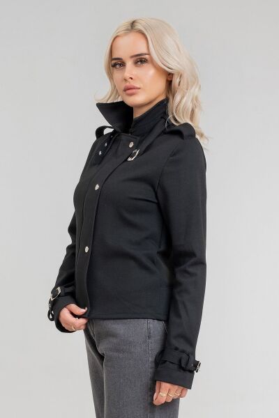 Kadın Viskon Polyester Likralı Kumaş Kol Ucu Toka Bantlı Kuş Gözü Aksesuarlı Çıt Çıtlı Cepli  Ceket Siyah - 2XL