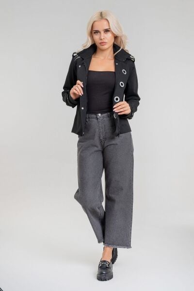 Kadın Viskon Polyester Likralı Kumaş Kol Ucu Toka Bantlı Kuş Gözü Aksesuarlı Çıt Çıtlı Cepli  Ceket Siyah - 2XL