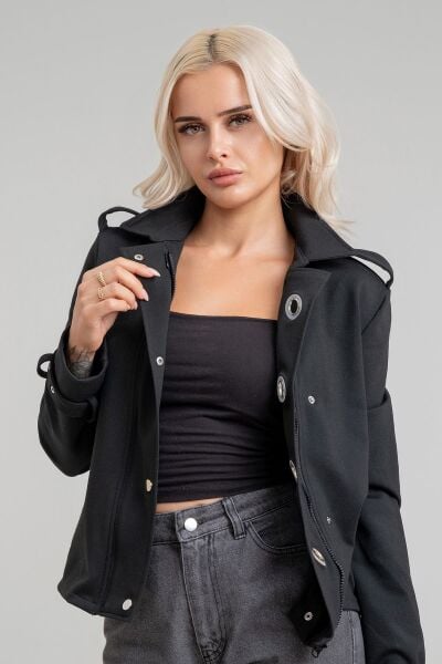 Kadın Viskon Polyester Likralı Kumaş Kol Ucu Toka Bantlı Kuş Gözü Aksesuarlı Çıt Çıtlı Cepli  Ceket Siyah - 2XL