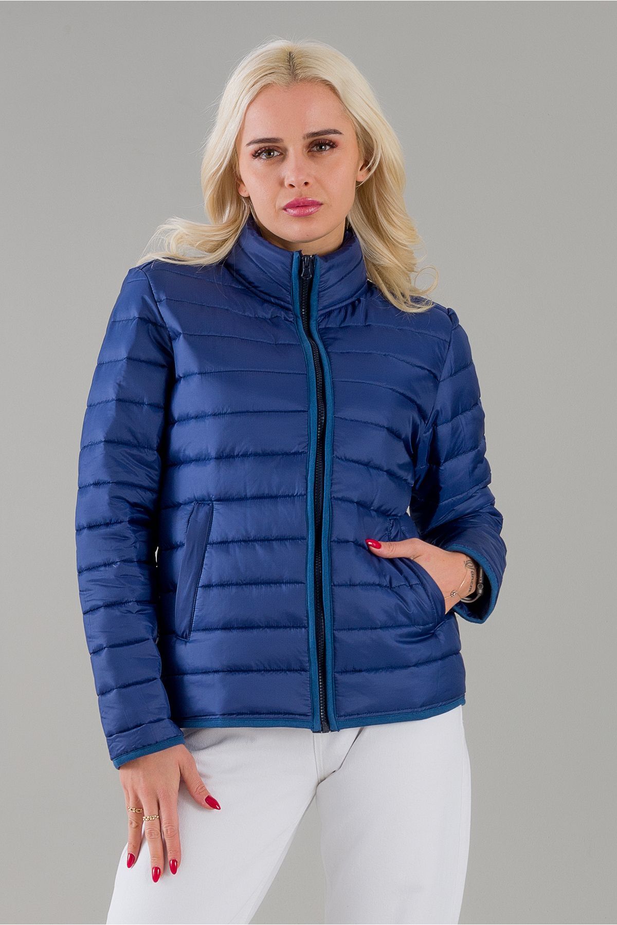 Siyah Şişme Dik Yaka Metal Fermuarlı Mont Lacivert - S