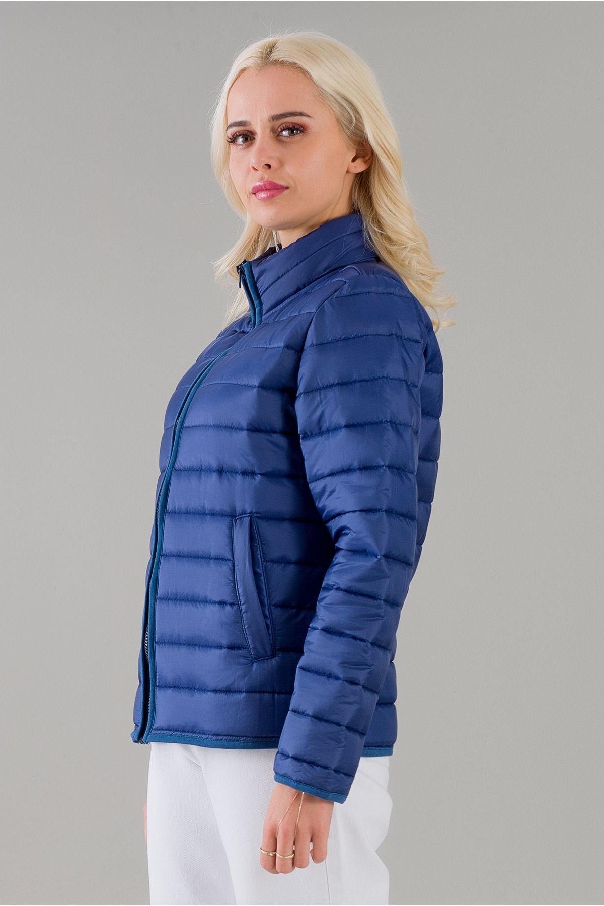 Siyah Şişme Dik Yaka Metal Fermuarlı Mont Lacivert - S