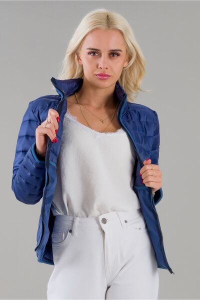 Siyah Şişme Dik Yaka Metal Fermuarlı Mont Lacivert - S