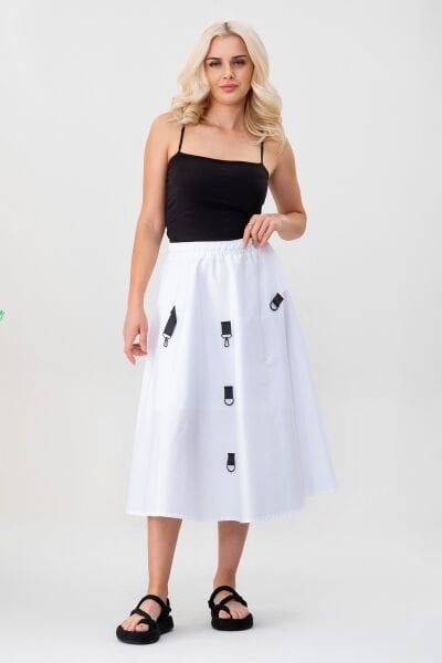 Bold & Young Kadın Tokalı Cepli Beli Lastikli Etek S - Beyaz