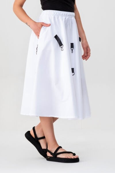 Bold & Young Kadın Tokalı Cepli Beli Lastikli Etek S - Beyaz