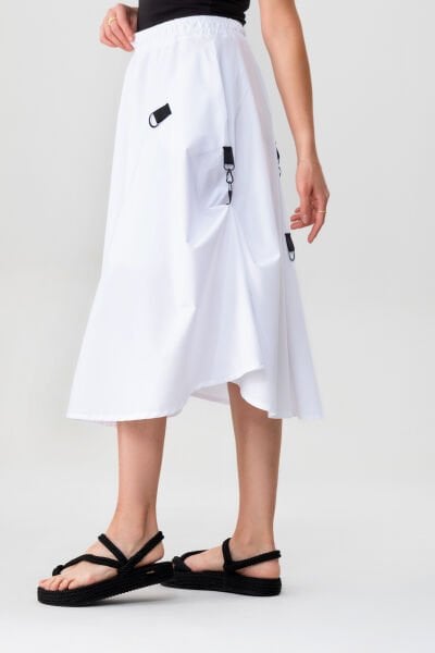 Bold & Young Kadın Tokalı Cepli Beli Lastikli Etek S - Beyaz