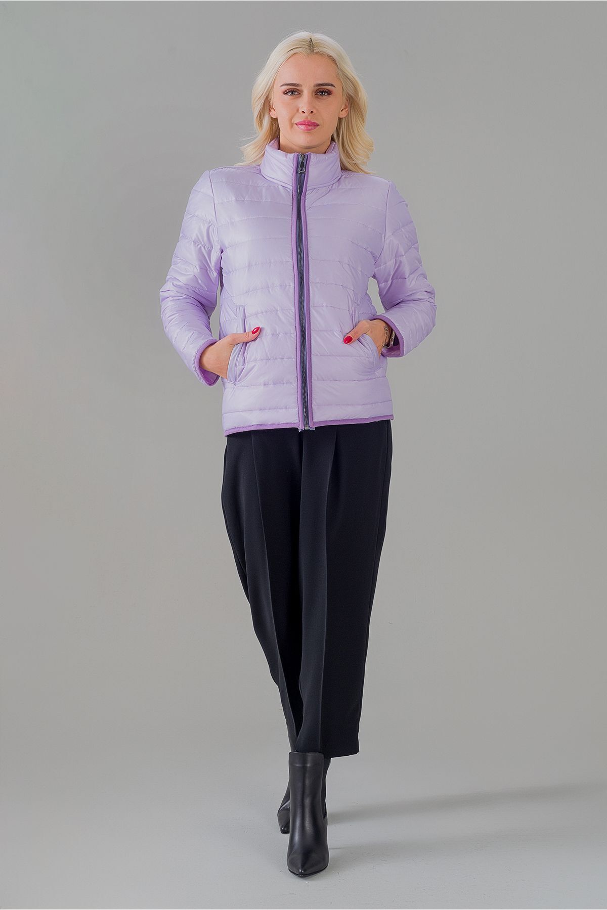 Siyah Şişme Dik Yaka Metal Fermuarlı Mont Lila - S