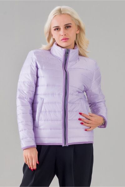 Siyah Şişme Dik Yaka Metal Fermuarlı Mont Lila - S