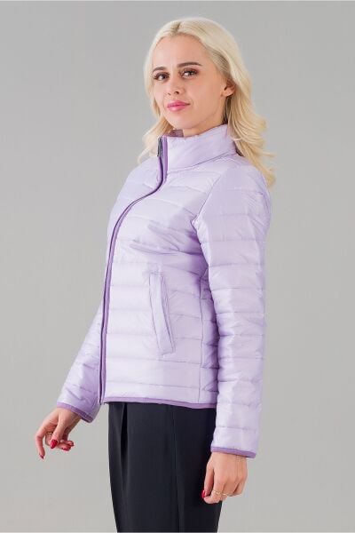 Siyah Şişme Dik Yaka Metal Fermuarlı Mont Lila - S