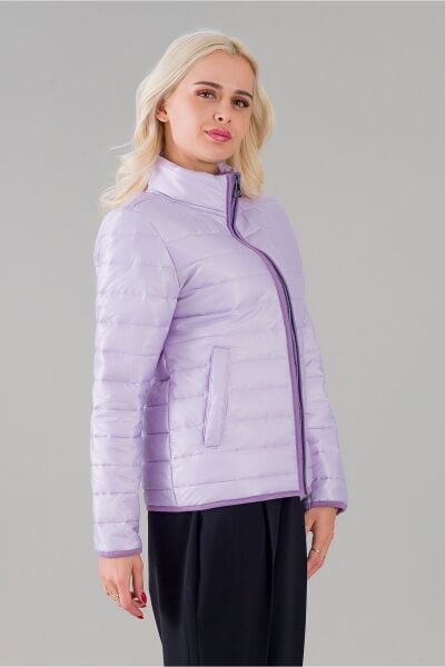 Siyah Şişme Dik Yaka Metal Fermuarlı Mont Lila - S