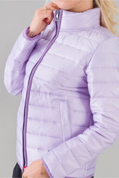 Siyah Şişme Dik Yaka Metal Fermuarlı Mont Lila - S